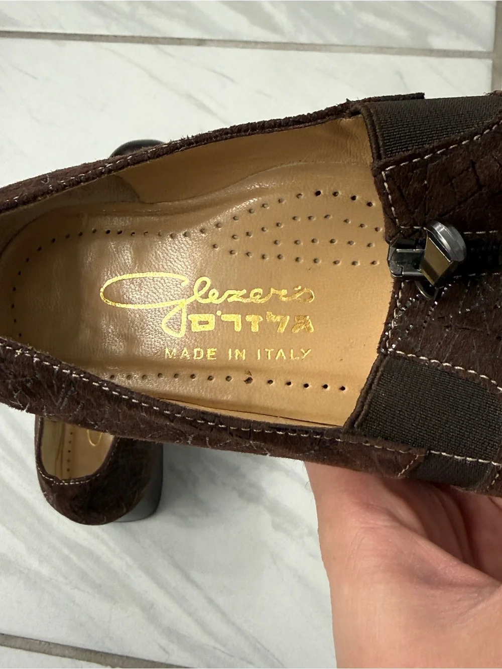 Brown Women's Low-Heel Slip-On Heels with Front Zip